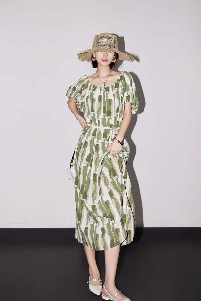 おしゃれ エレガント ワンピース プリント タイ ウエスト 通勤 ミモレ丈 スカート 個性的 ワンピース ミモレ ミモレ丈 袖あり 5分袖 五分袖 ラウンドネック 襟なし シンプル カジュアル 大人