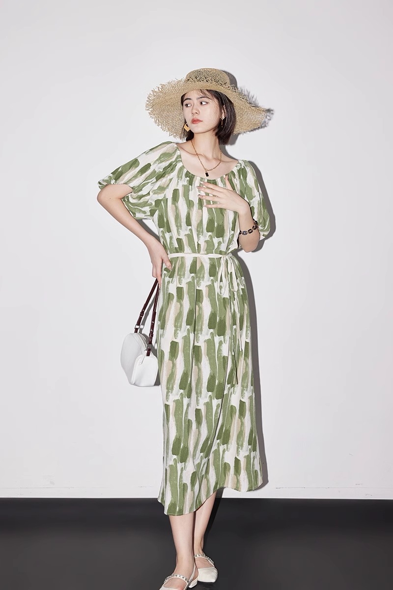 おしゃれ エレガント ワンピース プリント タイ ウエスト 通勤 ミモレ丈 スカート 個性的 ワンピース ミモレ ミモレ丈 袖あり 5分袖 五分袖 ラウンドネック 襟なし シンプル カジュアル 大人