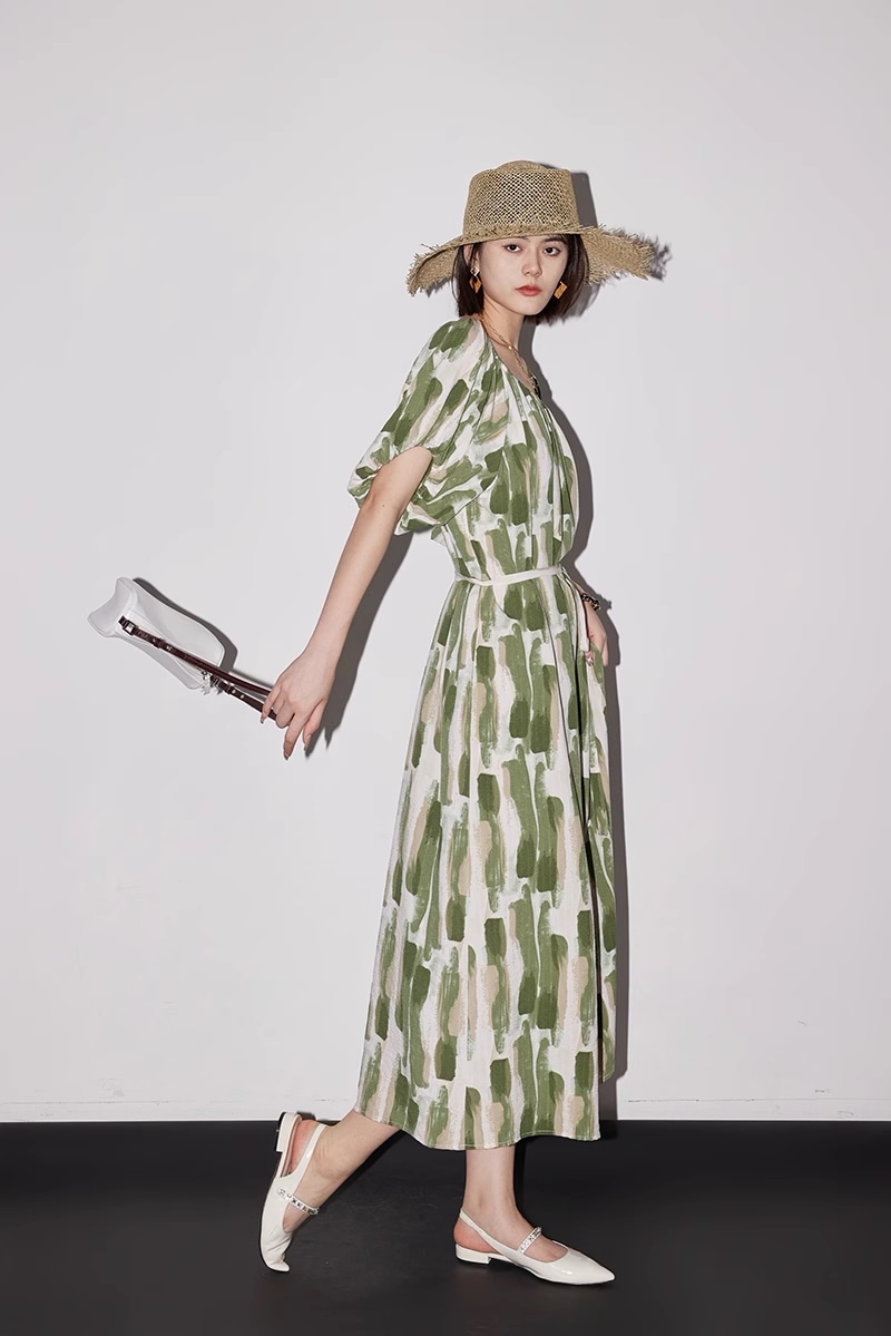 おしゃれ エレガント ワンピース プリント タイ ウエスト 通勤 ミモレ丈 スカート 個性的 ワンピース ミモレ ミモレ丈 袖あり 5分袖 五分袖 ラウンドネック 襟なし シンプル カジュアル 大人