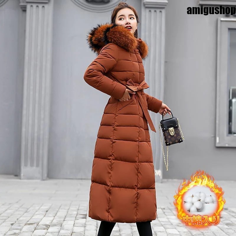 作登場ダウンコートレディース中綿コート中綿入りロング丈フード付きジップアップフェイクファー冬服着痩せ暖かい防風防寒保温キルティングダウン