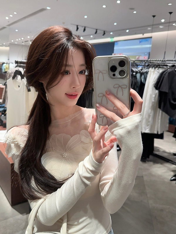 Qoo10] 2025 シアー花柄ニットトップス コア