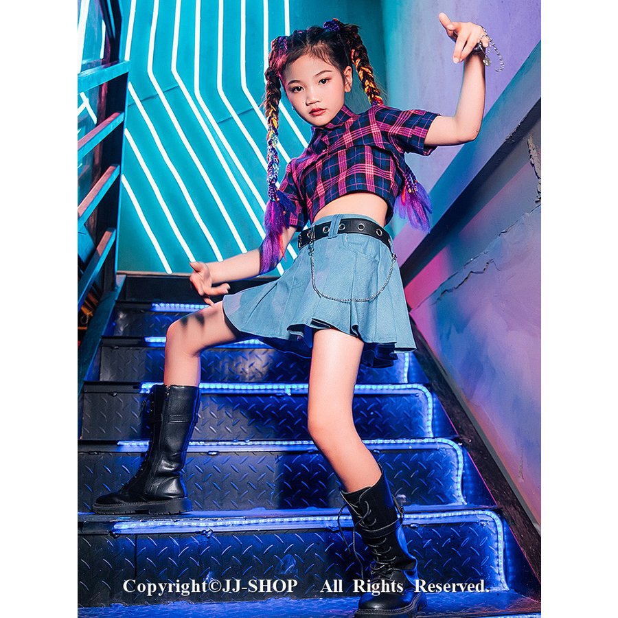 ベルト ベスト チェック柄 キッズダンス衣装 セットアップ チアダンス衣装 ヒップホップ チアリーダ