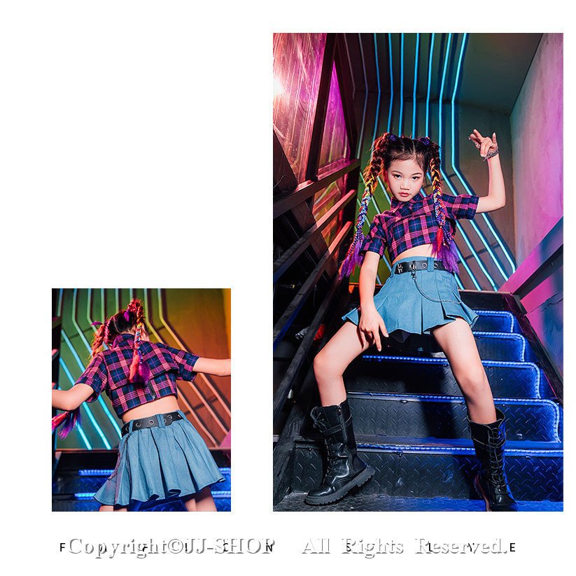 ベルト ベスト チェック柄 キッズダンス衣装 セットアップ チアダンス衣装 ヒップホップ チアリーダ