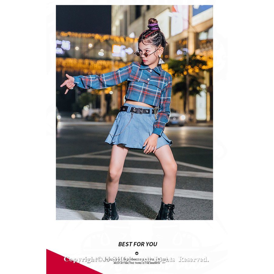 ベルト ベスト チェック柄 キッズダンス衣装 セットアップ チアダンス衣装 ヒップホップ チアリーダ