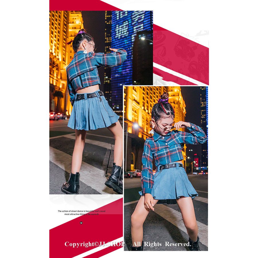 ベルト ベスト チェック柄 キッズダンス衣装 セットアップ チアダンス衣装 ヒップホップ チアリーダ