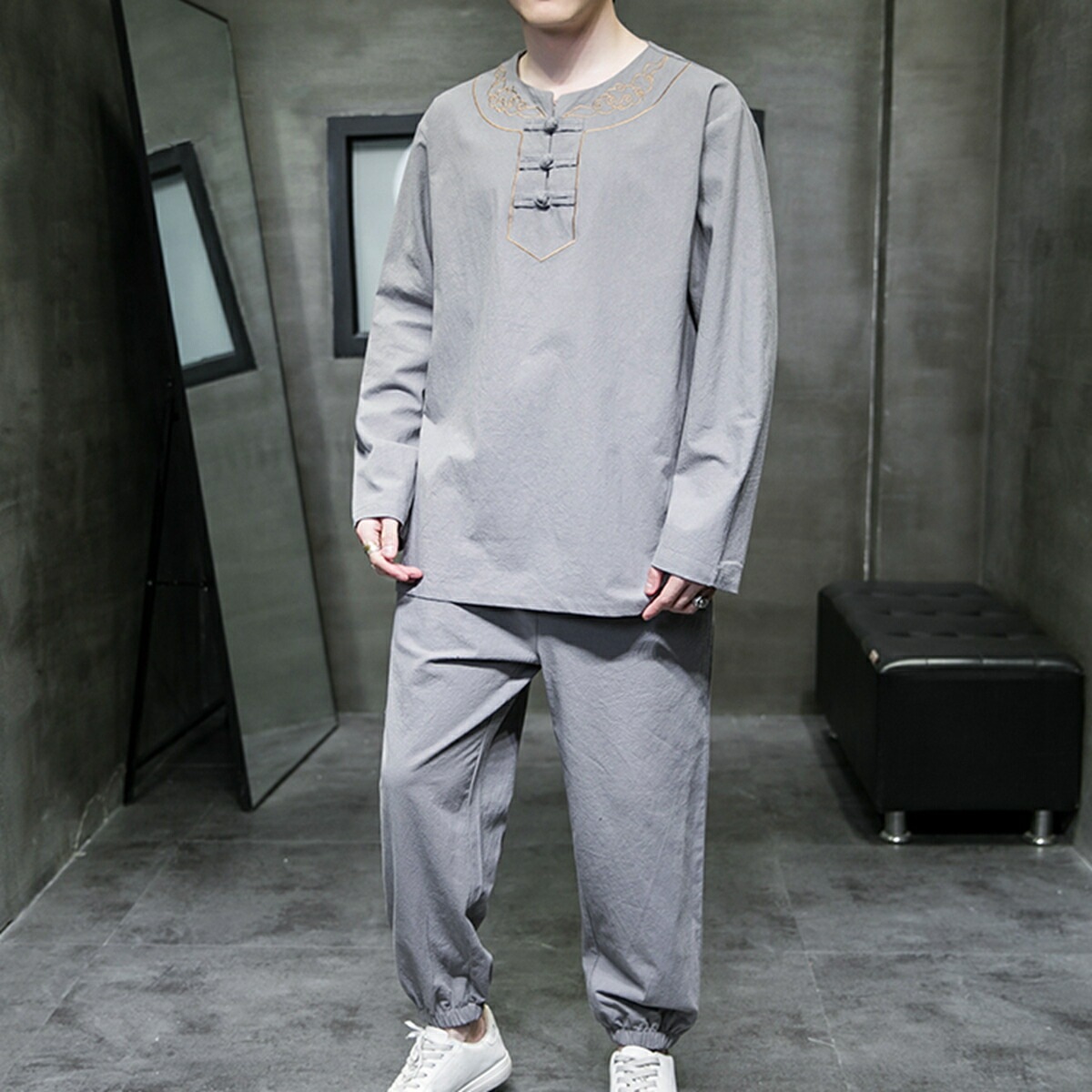 セットアップ メンズ 上下セット M5XL 春夏秋 長袖 カジュアル 無地 通気性 通勤 通学 日常 禅服 男性用 部屋着 Tシャツ トップス ズボン パンツ ロングズボン スーツ クロップドパンツ