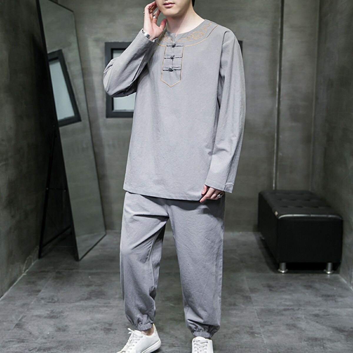 セットアップ メンズ 上下セット M5XL 春夏秋 長袖 カジュアル 無地 通気性 通勤 通学 日常 禅服 男性用 部屋着 Tシャツ トップス ズボン パンツ ロングズボン スーツ クロップドパンツ