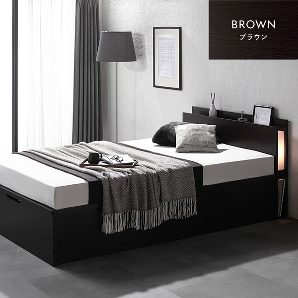 [お客様組み立て] 日本製 収納ベッド 通常丈 シングル 3ゾーンポケットコイルマットレス付き 横開き ロータイプ 深さ30cm ホワイト 跳ね上げ式 照明付き