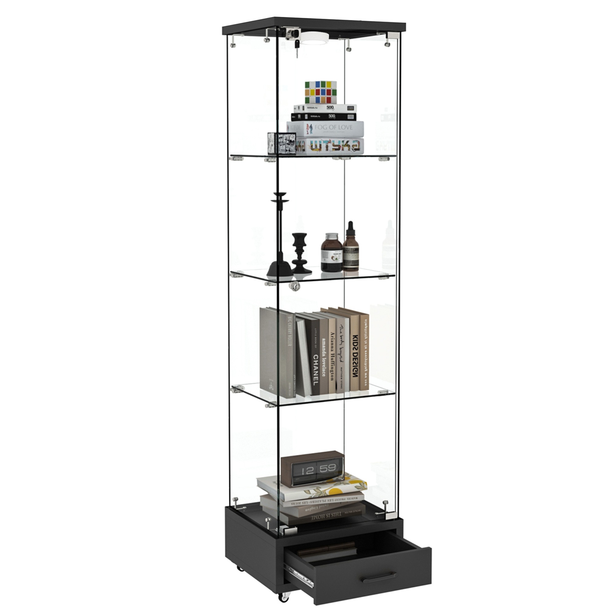 鍵付き強化ガラス＆LED照明付きディスプレイキャビネット 引き出し4段