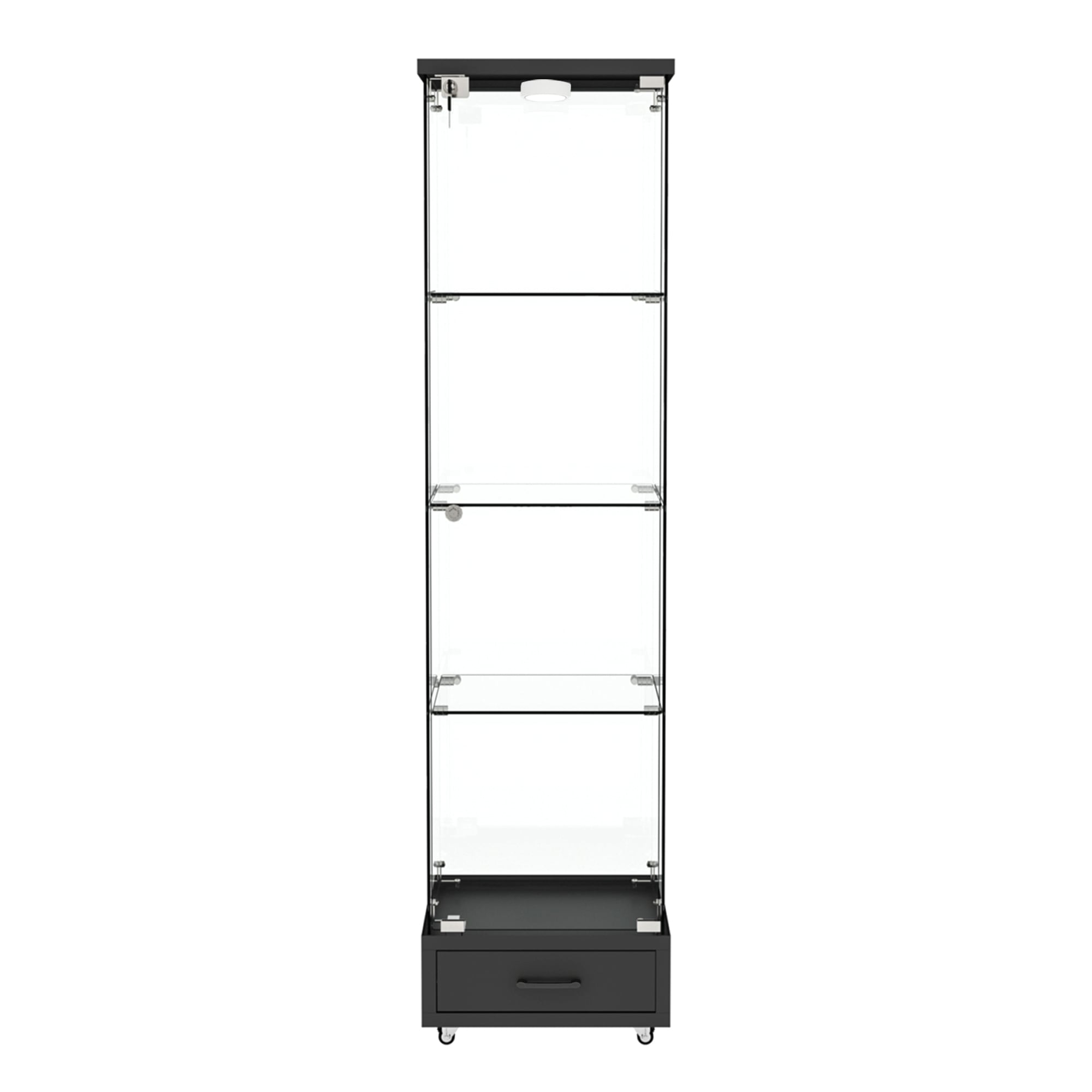 LED照明＆引き出し付き ガラスディスプレイキャビネット｜鍵付き強化