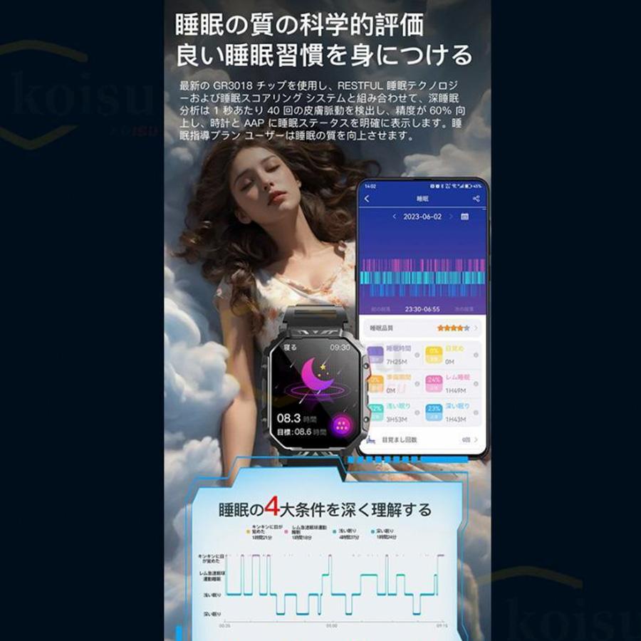 スマートウォッチ 軍用規格 血糖値 血圧測定 心拍数 健康管理 血中酸素 着信通知 通話機能 歩数計 体温測定 睡眠管理 日本製センサー 音楽・カメラ制御 天気予報