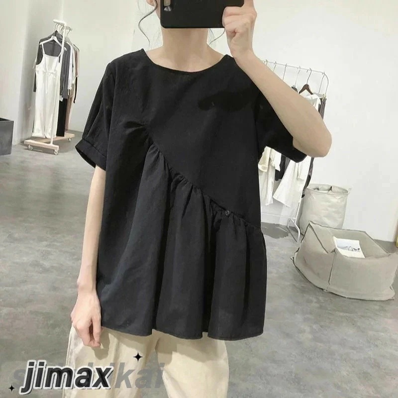 不規則な綿とリネンのシャツの女性の夏の新しいシンプルなプリーツプルオーバールーズで薄い韓国バージョンのラウンドネック半袖トップ綿麻 カジュアル ナチュラル ビジネス 通勤 オフィス 夏 春 秋 20代