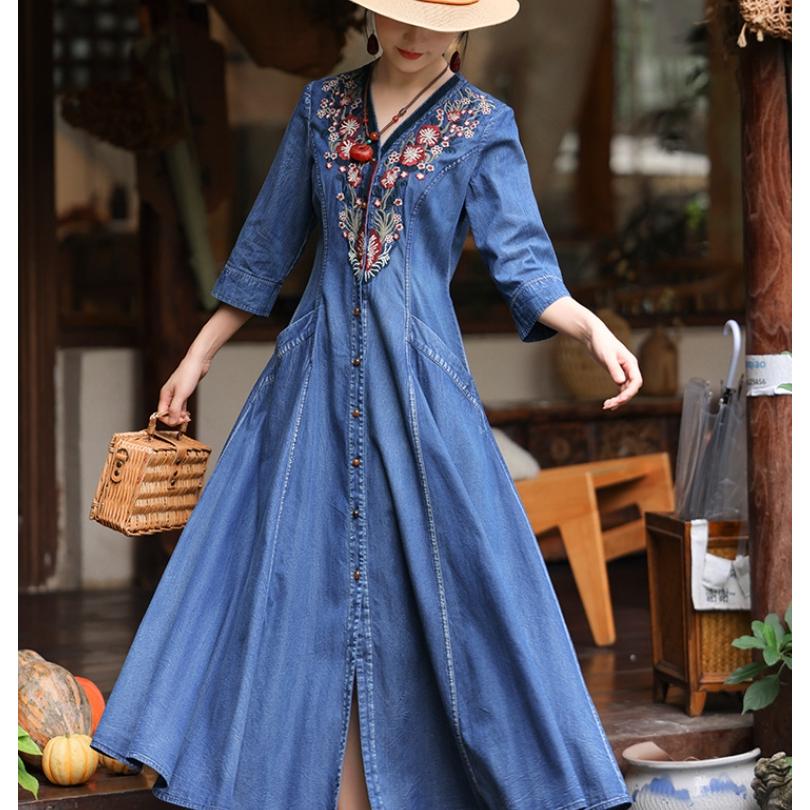 [IR&CE初売り特売]デニムワンピース シャツワンピース ジーンズ ロング丈 ワンピース 着痩せ 夏 五分袖 デニムシャツ 春秋 ジーンズ 花柄 前開き お出かけ ロングデニム上品