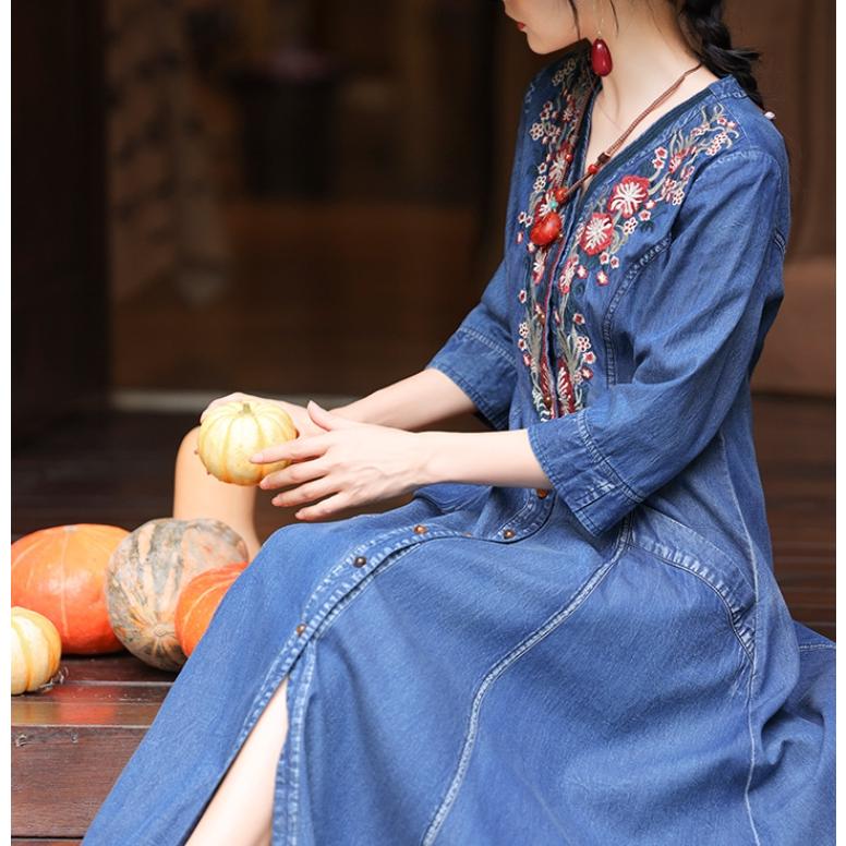 [IR&CE初売り特売]デニムワンピース シャツワンピース ジーンズ ロング丈 ワンピース 着痩せ 夏 五分袖 デニムシャツ 春秋 ジーンズ 花柄 前開き お出かけ ロングデニム上品