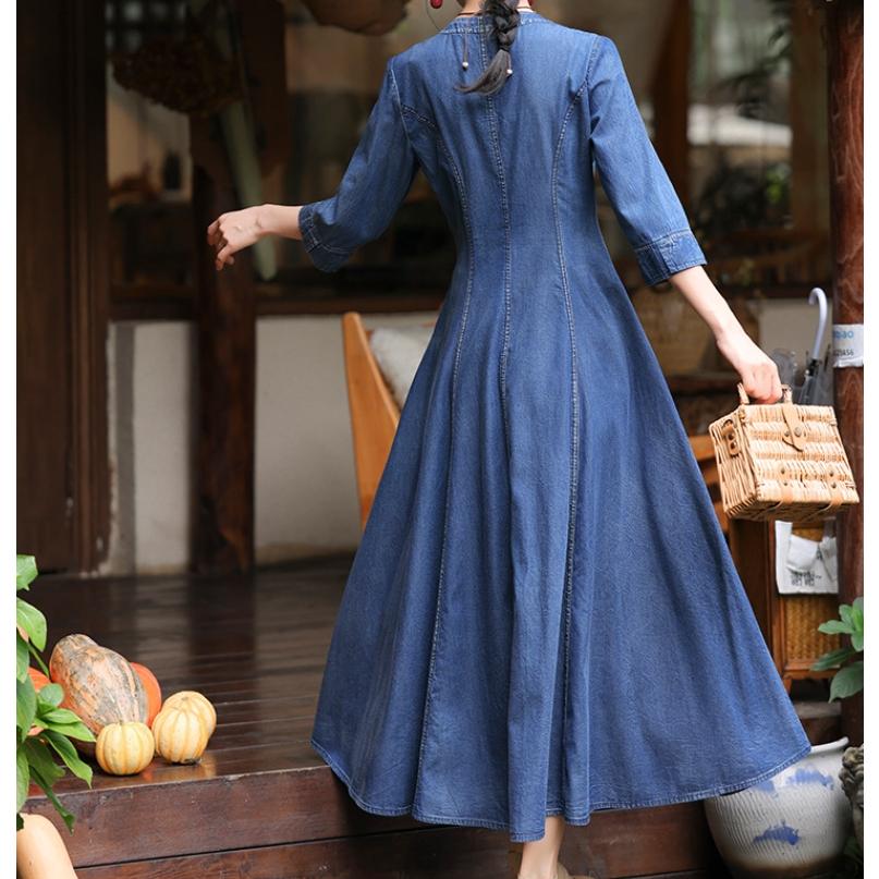 [IR&CE初売り特売]デニムワンピース シャツワンピース ジーンズ ロング丈 ワンピース 着痩せ 夏 五分袖 デニムシャツ 春秋 ジーンズ 花柄 前開き お出かけ ロングデニム上品