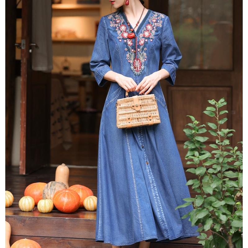 [IR&CE初売り特売]デニムワンピース シャツワンピース ジーンズ ロング丈 ワンピース 着痩せ 夏 五分袖 デニムシャツ 春秋 ジーンズ 花柄 前開き お出かけ ロングデニム上品