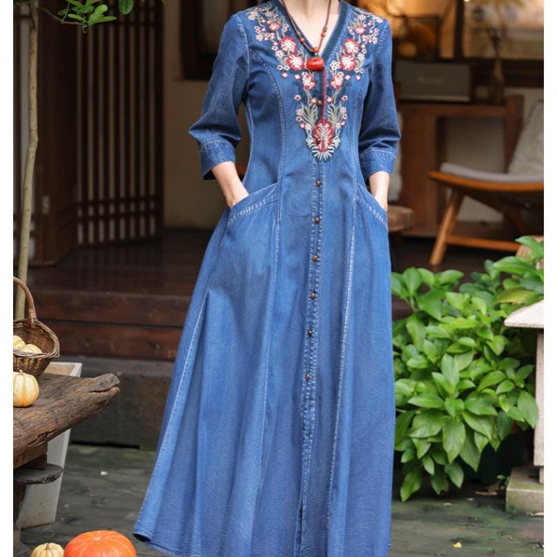 [IR&CE初売り特売]デニムワンピース シャツワンピース ジーンズ ロング丈 ワンピース 着痩せ 夏 五分袖 デニムシャツ 春秋 ジーンズ 花柄 前開き お出かけ ロングデニム上品