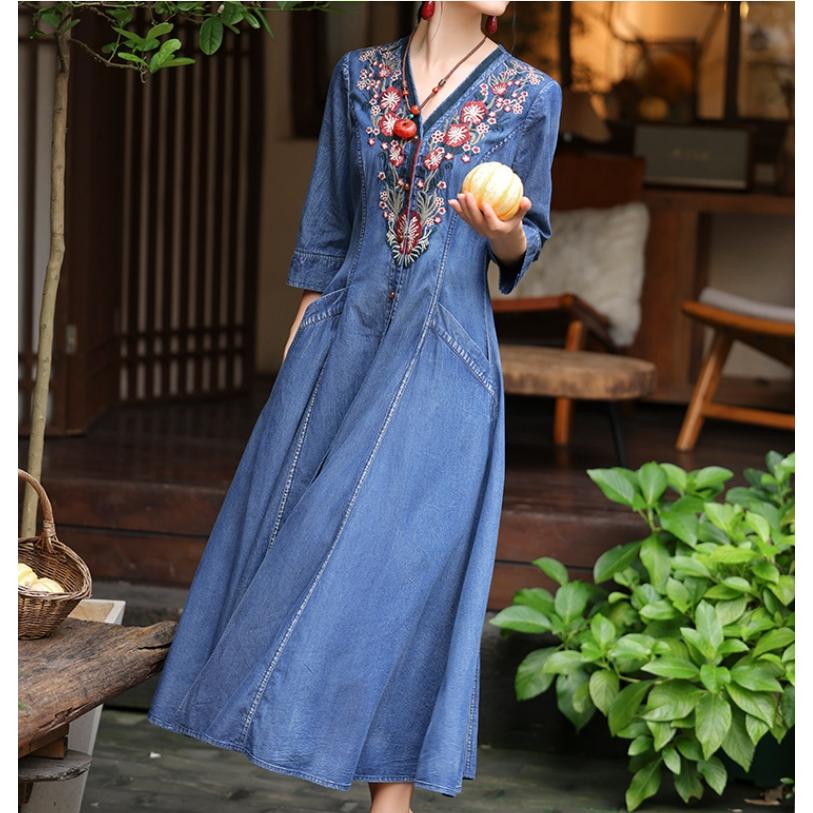 [IR&CE初売り特売]デニムワンピース シャツワンピース ジーンズ ロング丈 ワンピース 着痩せ 夏 五分袖 デニムシャツ 春秋 ジーンズ 花柄 前開き お出かけ ロングデニム上品