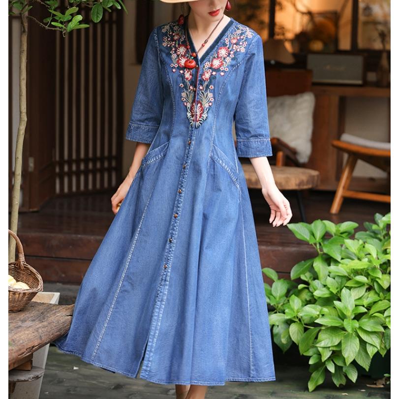 [IR&CE初売り特売]デニムワンピース シャツワンピース ジーンズ ロング丈 ワンピース 着痩せ 夏 五分袖 デニムシャツ 春秋 ジーンズ 花柄 前開き お出かけ ロングデニム上品