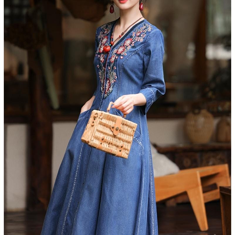 [IR&CE初売り特売]デニムワンピース シャツワンピース ジーンズ ロング丈 ワンピース 着痩せ 夏 五分袖 デニムシャツ 春秋 ジーンズ 花柄 前開き お出かけ ロングデニム上品