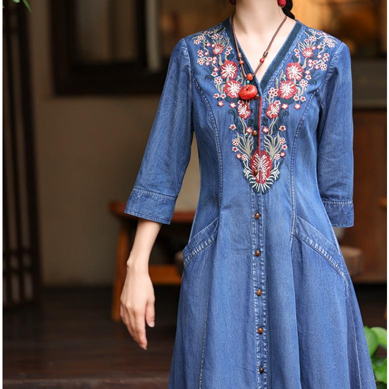 [IR&CE初売り特売]デニムワンピース シャツワンピース ジーンズ ロング丈 ワンピース 着痩せ 夏 五分袖 デニムシャツ 春秋 ジーンズ 花柄 前開き お出かけ ロングデニム上品