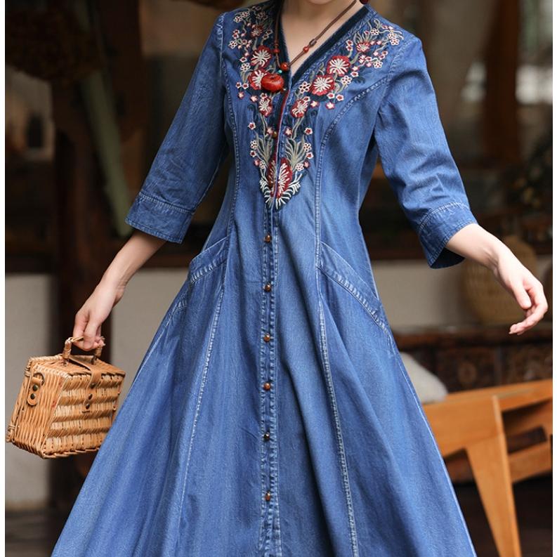 [IR&CE初売り特売]デニムワンピース シャツワンピース ジーンズ ロング丈 ワンピース 着痩せ 夏 五分袖 デニムシャツ 春秋 ジーンズ 花柄 前開き お出かけ ロングデニム上品