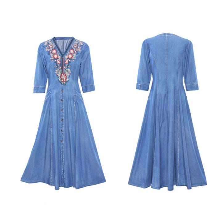 [IR&CE初売り特売]デニムワンピース シャツワンピース ジーンズ ロング丈 ワンピース 着痩せ 夏 五分袖 デニムシャツ 春秋 ジーンズ 花柄 前開き お出かけ ロングデニム上品