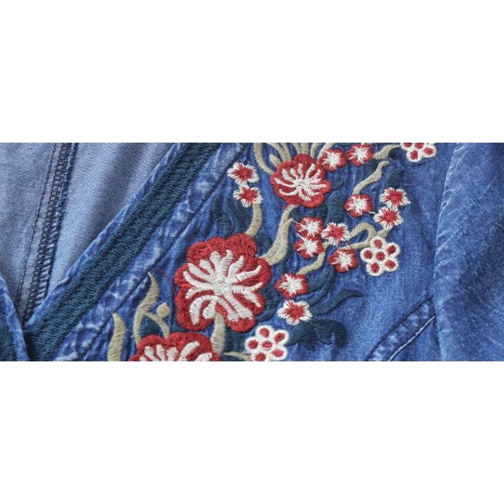 [IR&CE初売り特売]デニムワンピース シャツワンピース ジーンズ ロング丈 ワンピース 着痩せ 夏 五分袖 デニムシャツ 春秋 ジーンズ 花柄 前開き お出かけ ロングデニム上品