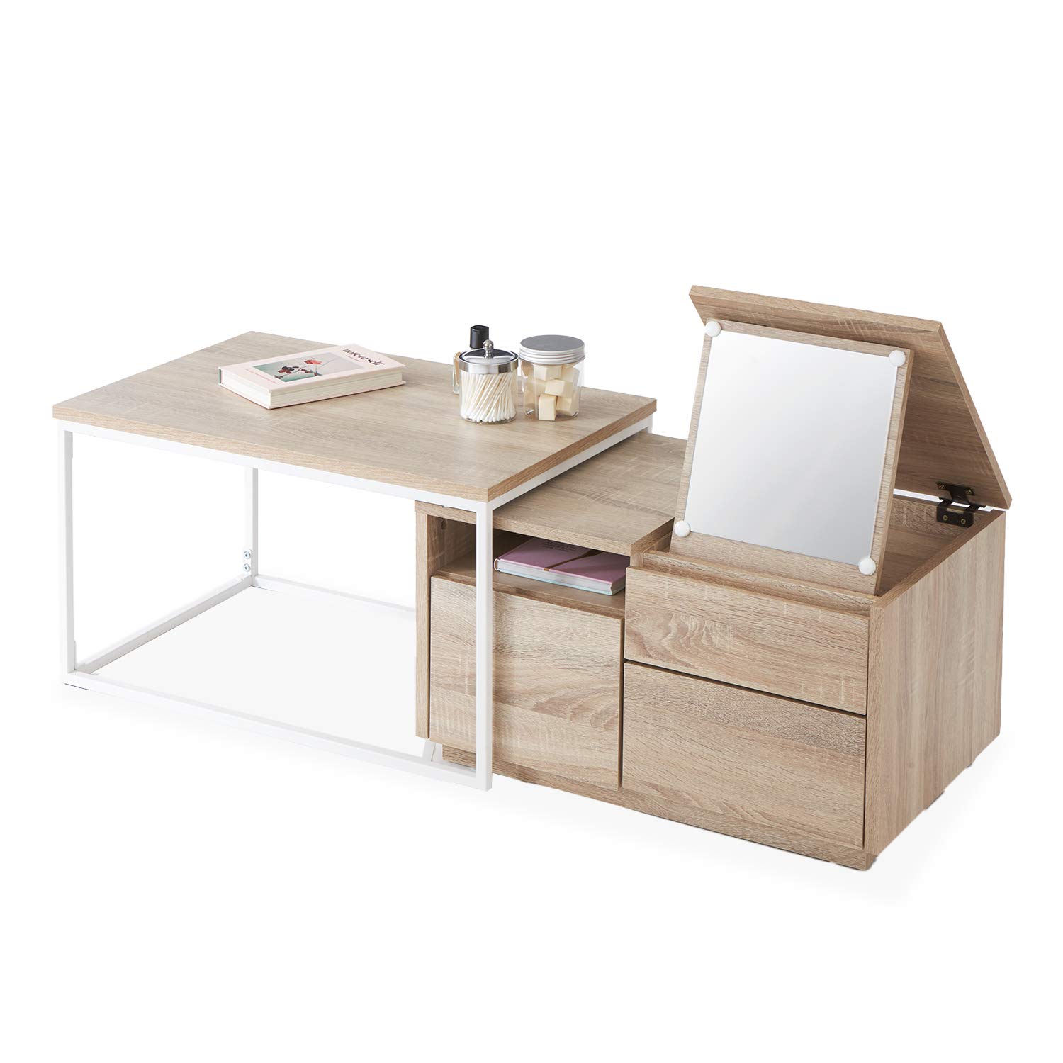 ドレッサーテーブル ローテーブル ネストテーブル 鏡台 コンパクト 木目調 収納付き 引き出し付き 扉付き ロータイプ 伸縮 おしゃれ ホワイト
