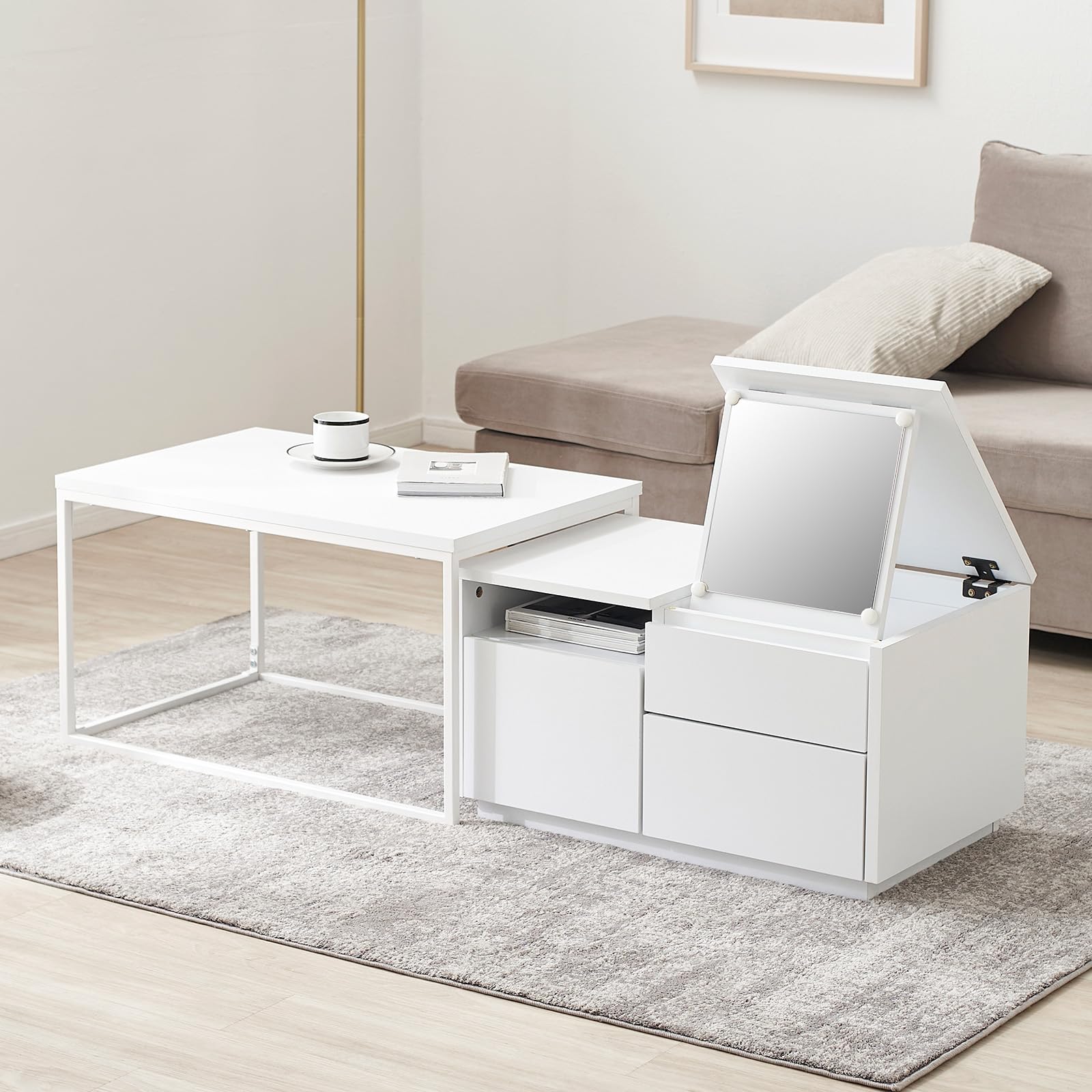 ドレッサーテーブル ローテーブル ネストテーブル 鏡台 コンパクト 木目調 収納付き 引き出し付き 扉付き ロータイプ 伸縮 おしゃれ ホワイト