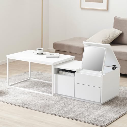 ドレッサーテーブル ローテーブル ネストテーブル 鏡台 コンパクト 木目調 収納付き 引き出し付き 扉付き ロータイプ 伸縮 おしゃれ ホワイト