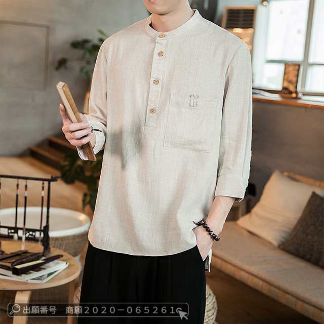 最安挑戦 春新作 送料無料 新作 Tシャツ メンズ 長袖 トップス リネンシャツ 立襟 春夏物 シンプル 七分袖シャツ カジュアル 大きいサイズ tシャツ メンズTシャツ 綿麻 おしゃれトップス 無地