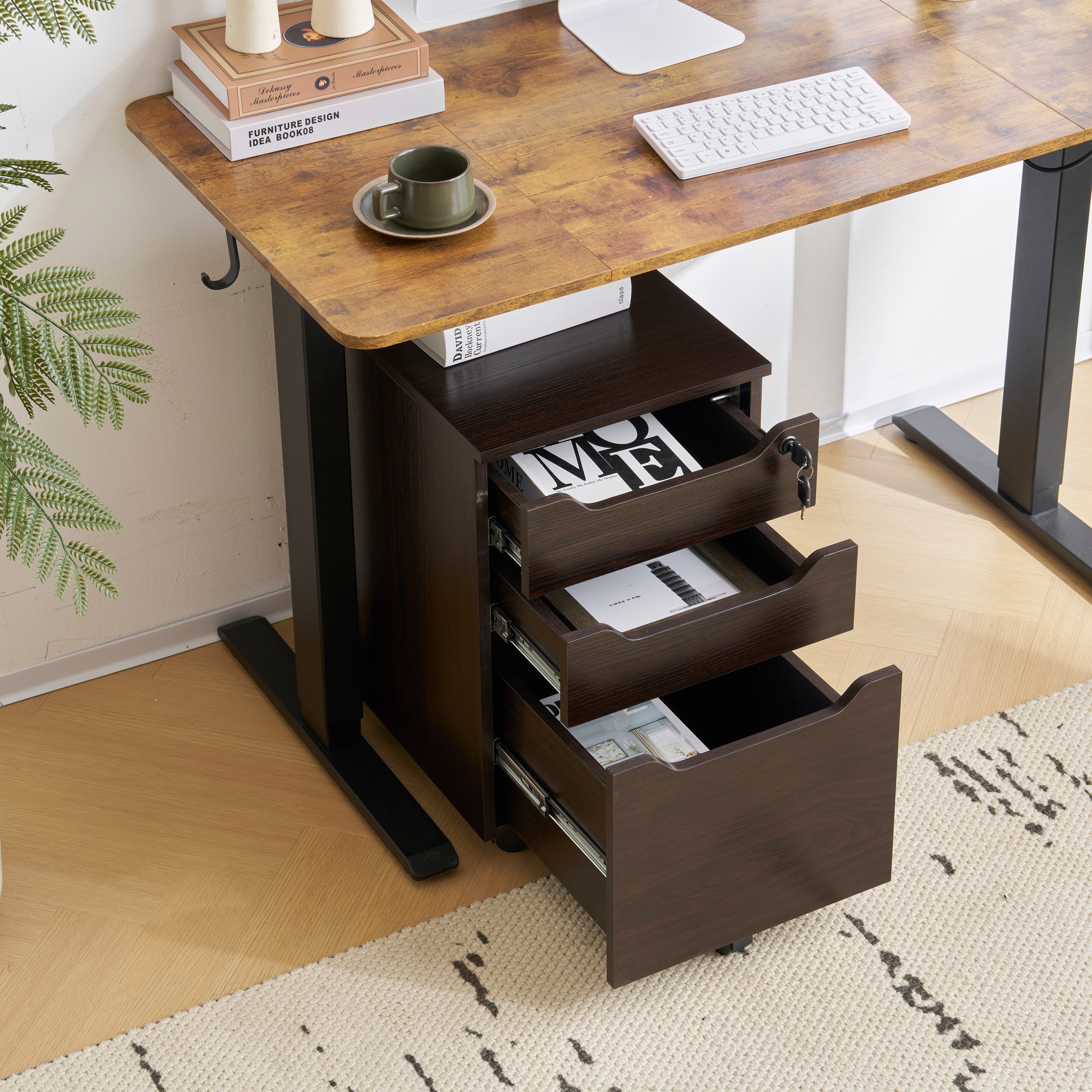 【国内発送,送料無料】【人気商品】デスクワゴン サイドワゴン ラック　鍵付き キャスター付き 脇机 オフィス クルミ