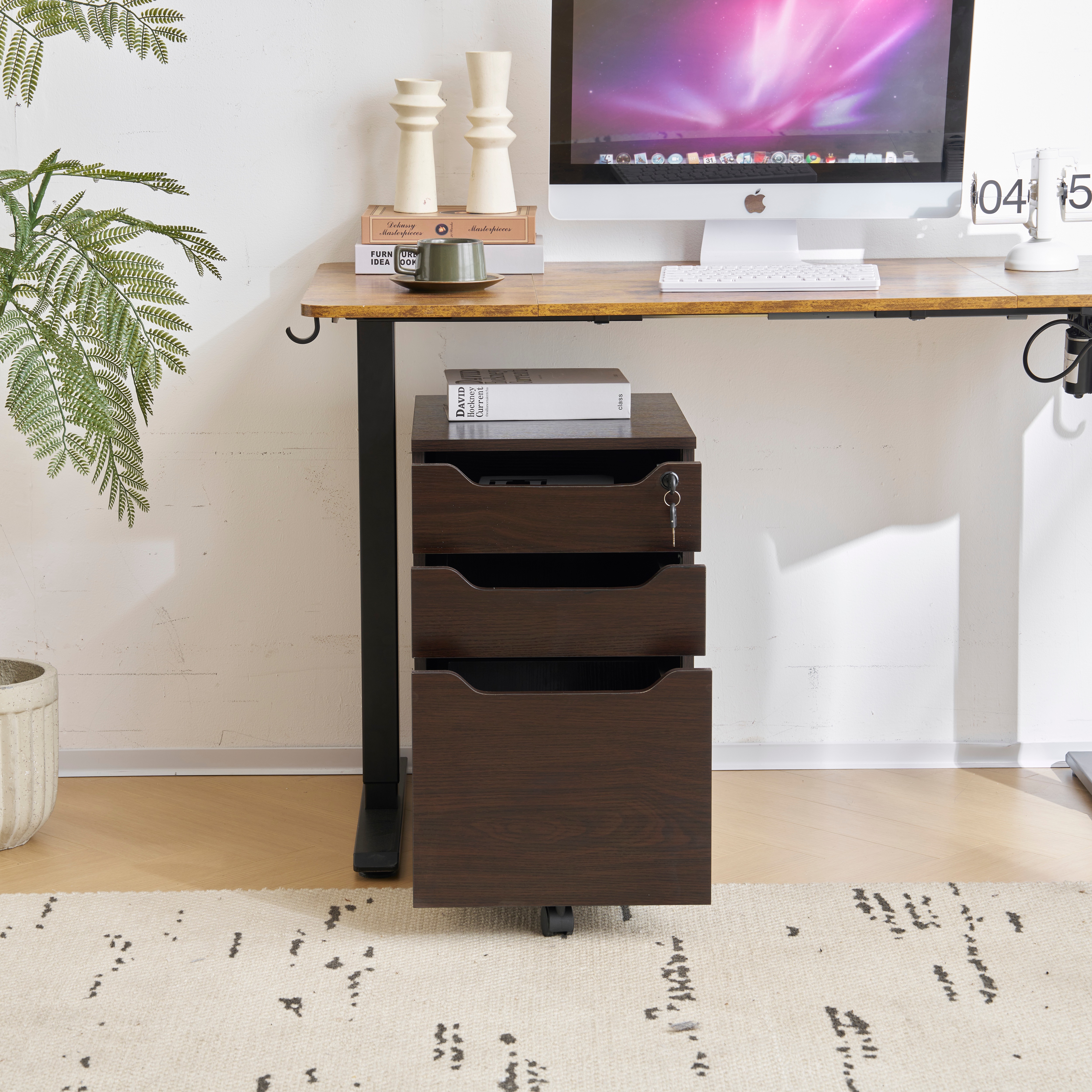 【国内発送,送料無料】【人気商品】デスクワゴン サイドワゴン ラック　鍵付き キャスター付き 脇机 オフィス クルミ