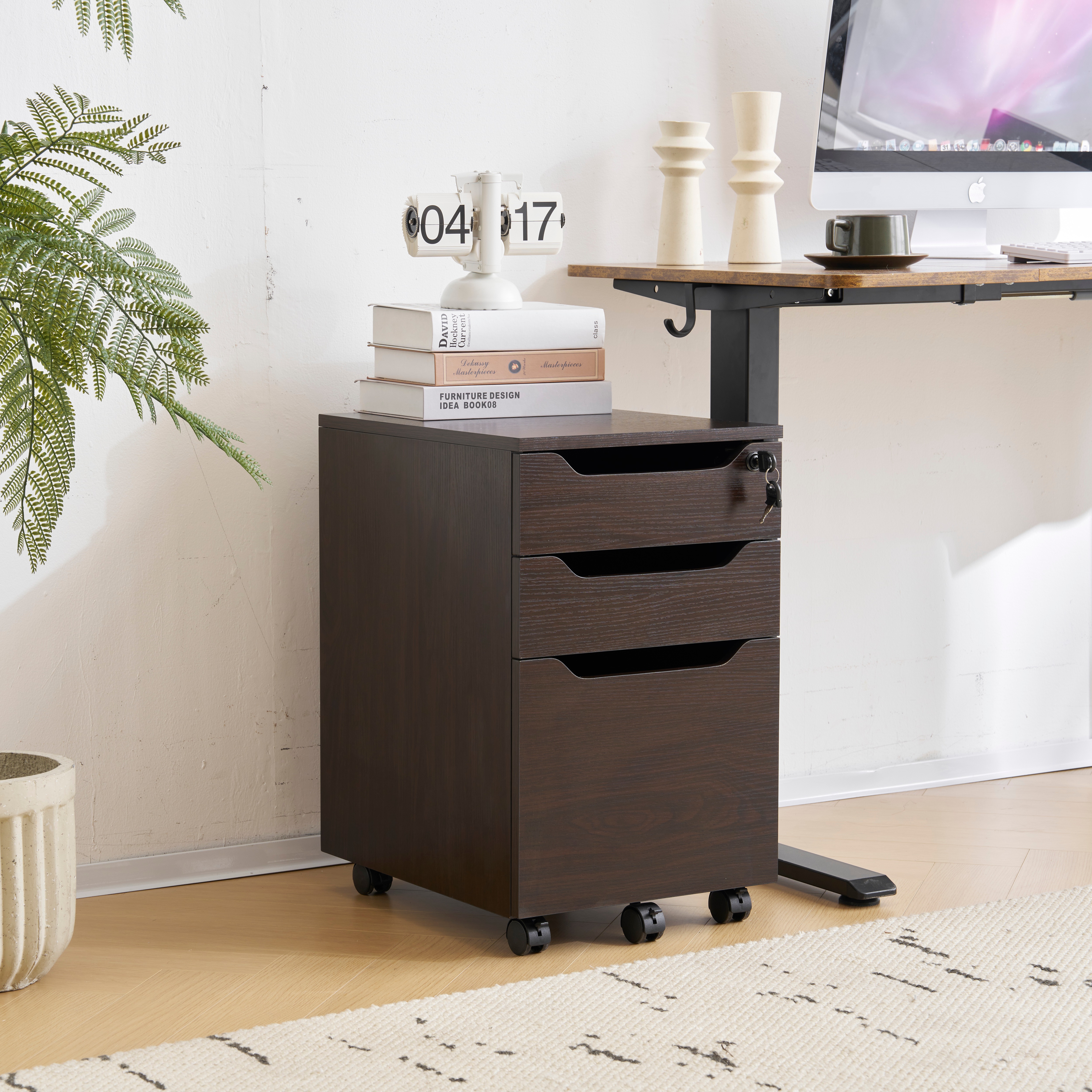 【国内発送,送料無料】【人気商品】デスクワゴン サイドワゴン ラック　鍵付き キャスター付き 脇机 オフィス クルミ