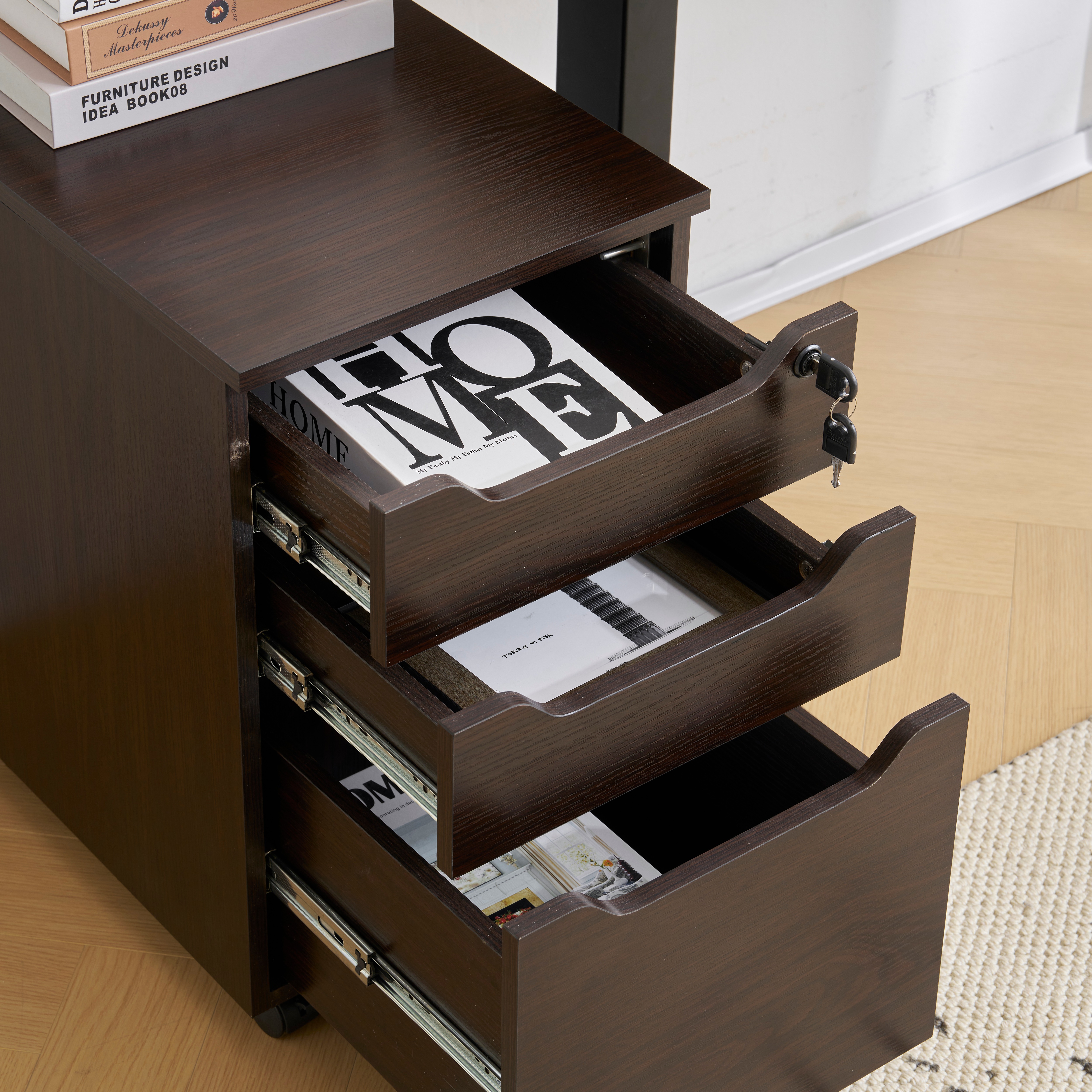 【国内発送,送料無料】【人気商品】デスクワゴン サイドワゴン ラック　鍵付き キャスター付き 脇机 オフィス クルミ