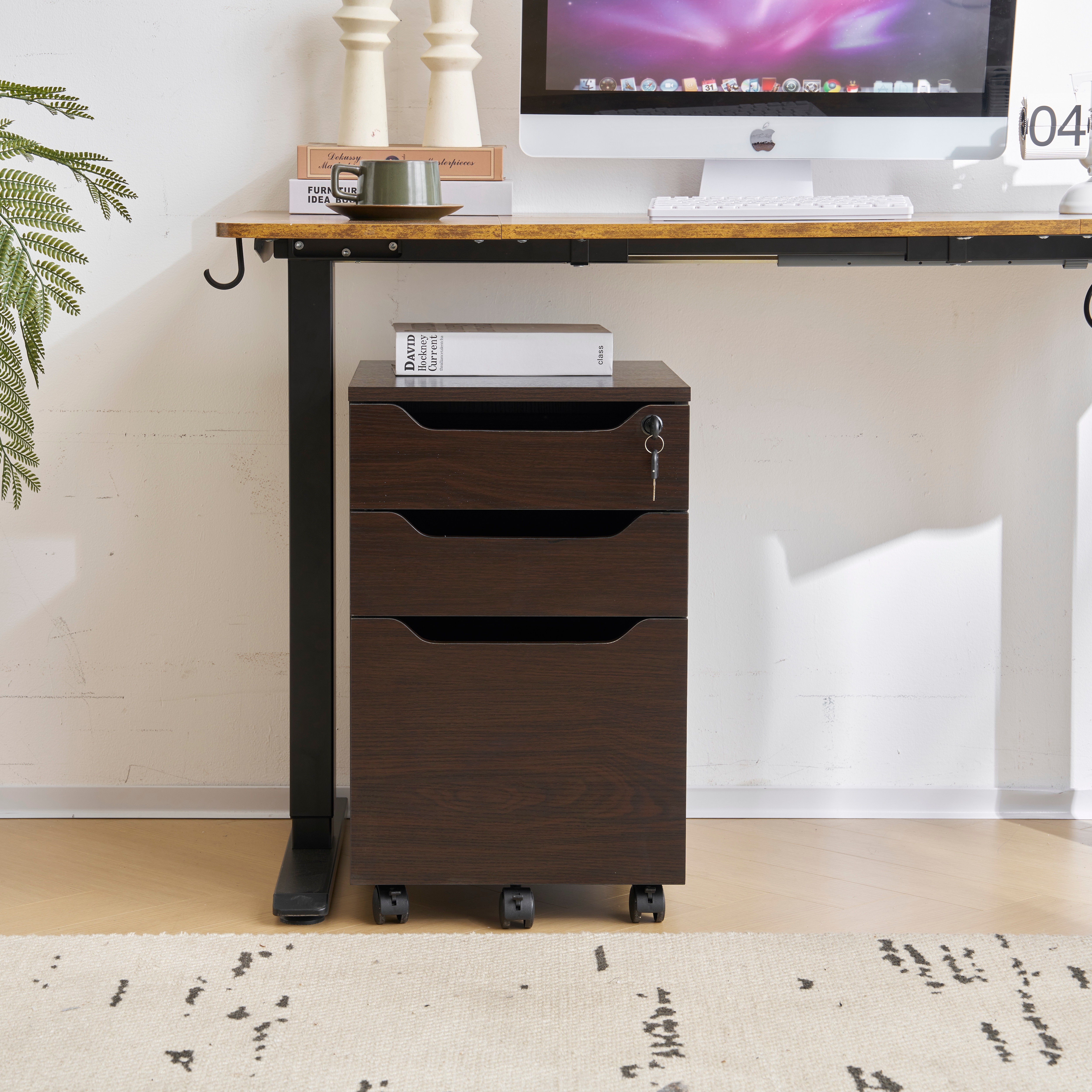 【国内発送,送料無料】【人気商品】デスクワゴン サイドワゴン ラック　鍵付き キャスター付き 脇机 オフィス クルミ