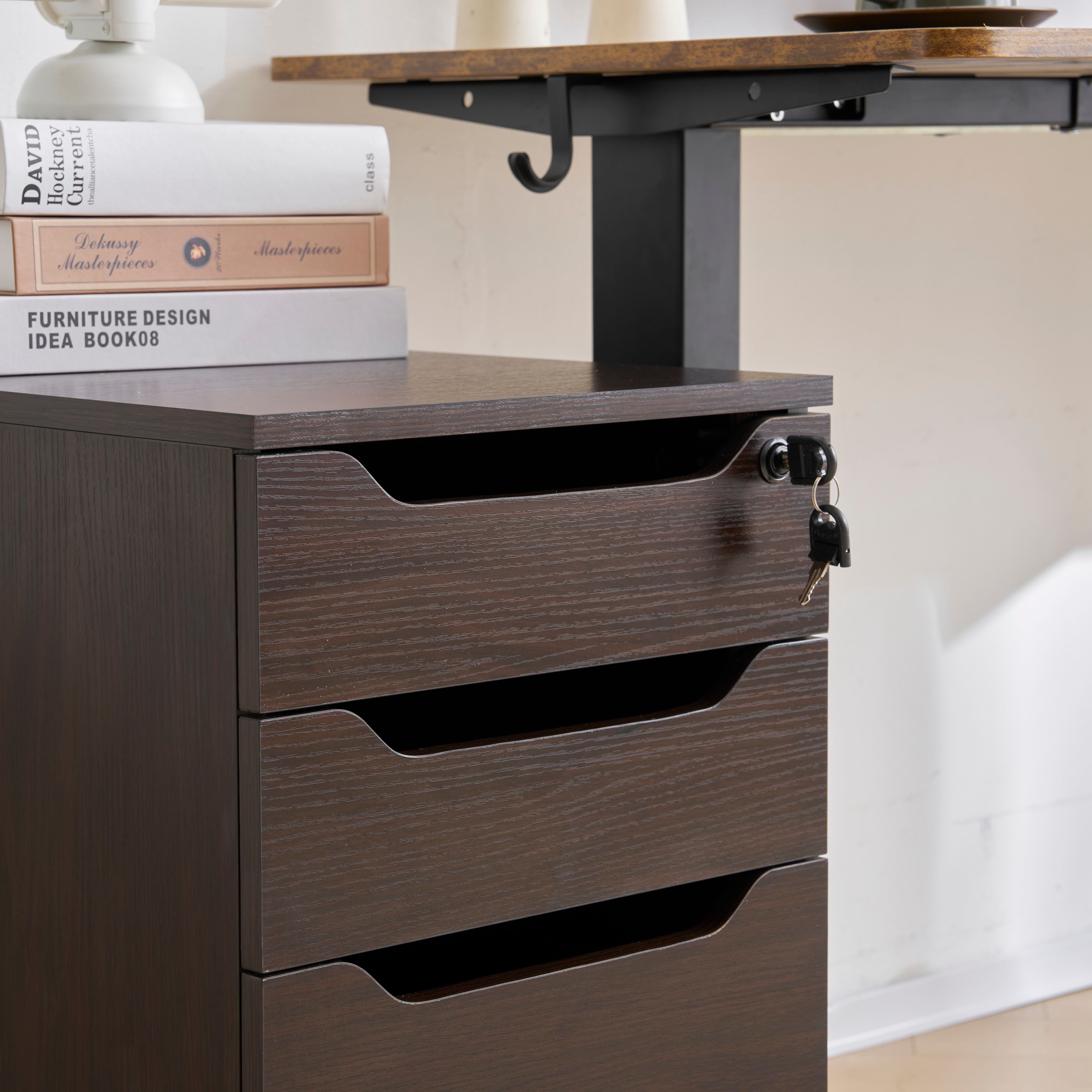 【国内発送,送料無料】【人気商品】デスクワゴン サイドワゴン ラック　鍵付き キャスター付き 脇机 オフィス クルミ