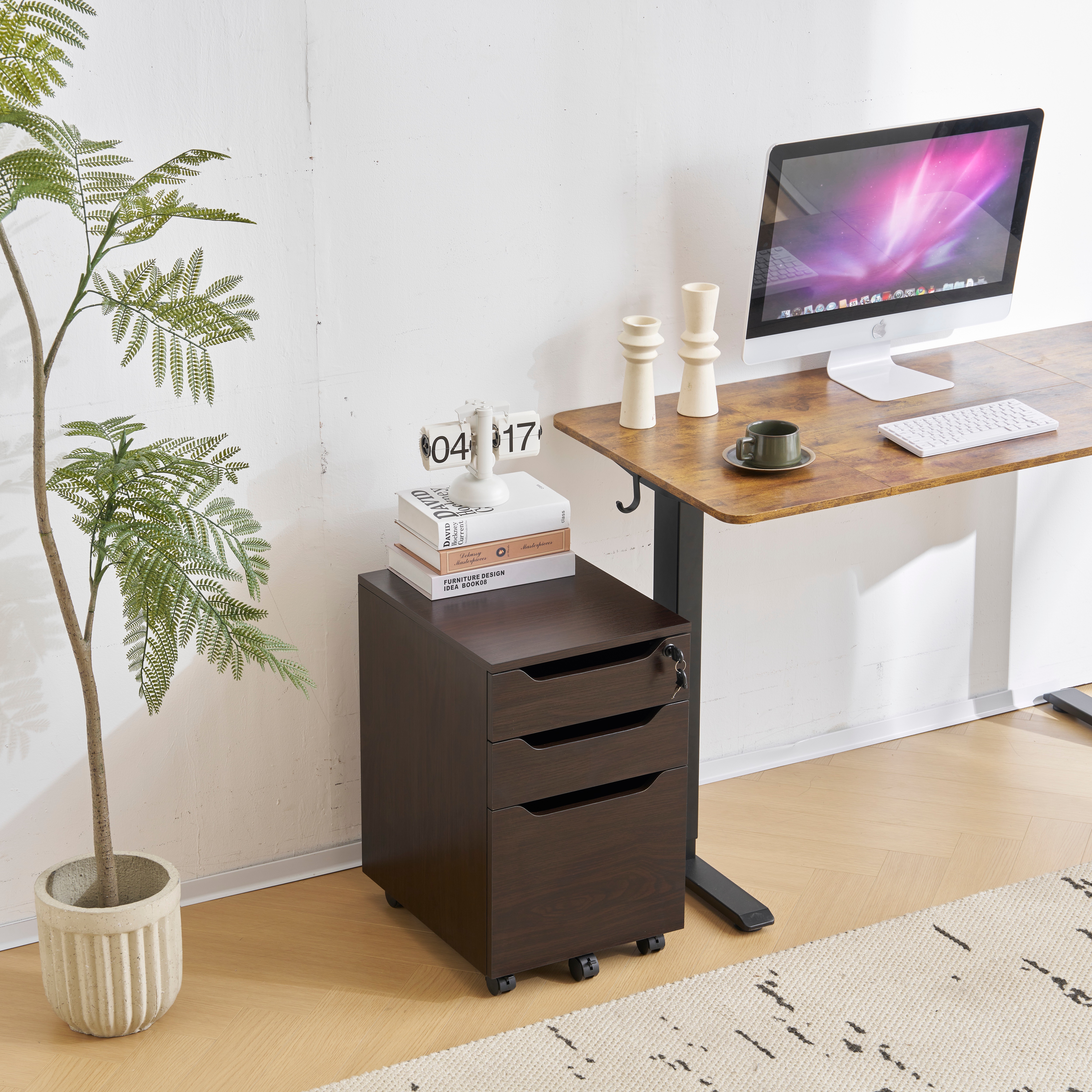 【国内発送,送料無料】【人気商品】デスクワゴン サイドワゴン ラック　鍵付き キャスター付き 脇机 オフィス クルミ