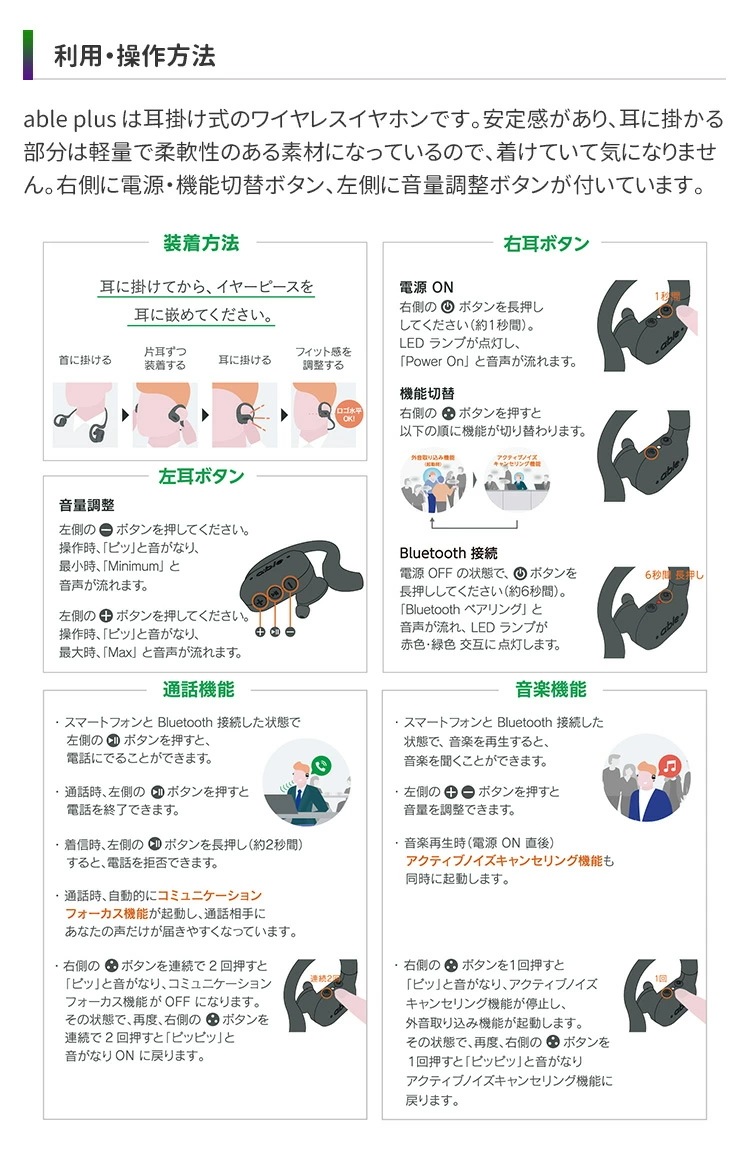 able　plus　エイブルプラス　ワイヤレスイヤホン　騒音97％カット　日本発　集音テクノロジー　ワイヤレスイヤホン　高音質　Bluetooth