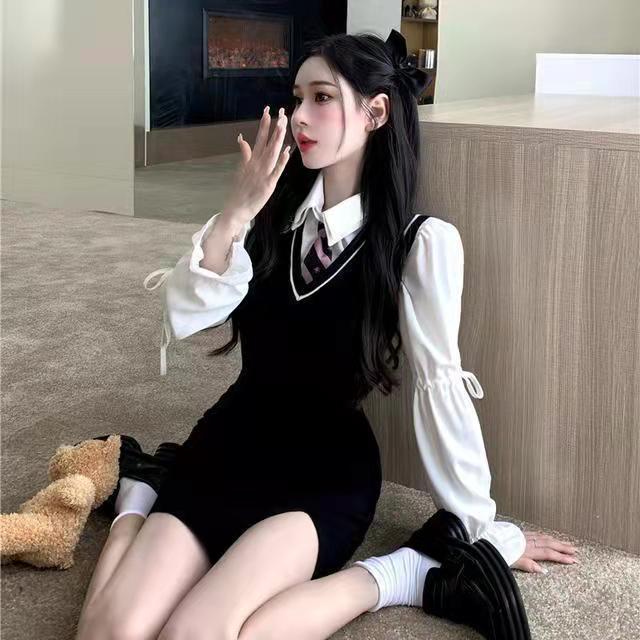 涼しく楽ちんセットアップ涼しく楽ちんセットアップセットアップ2023韓国ファッションJK制服セット制服ベストヒップ＋シャツ＋ネクタイ3点セットあったか！カシミヤタッチ春でもブラウスニットベス