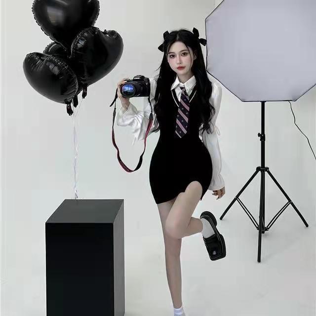 涼しく楽ちんセットアップ涼しく楽ちんセットアップセットアップ2023韓国ファッションJK制服セット制服ベストヒップ＋シャツ＋ネクタイ3点セットあったか！カシミヤタッチ春でもブラウスニットベス