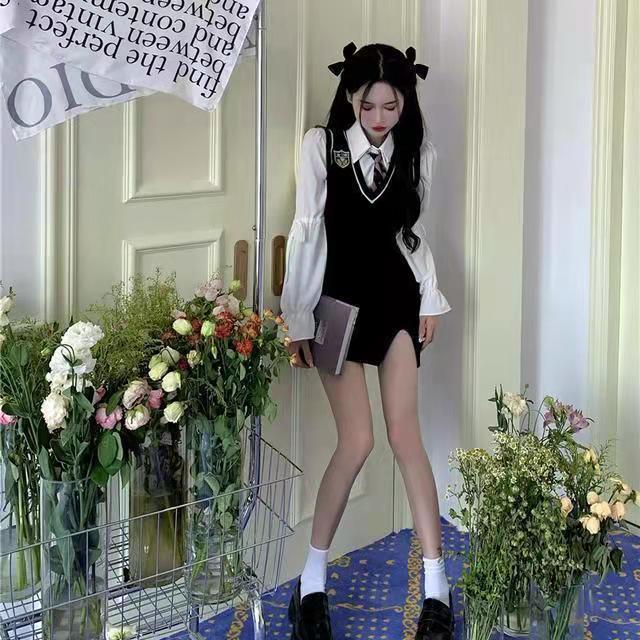 涼しく楽ちんセットアップ涼しく楽ちんセットアップセットアップ2023韓国ファッションJK制服セット制服ベストヒップ＋シャツ＋ネクタイ3点セットあったか！カシミヤタッチ春でもブラウスニットベス