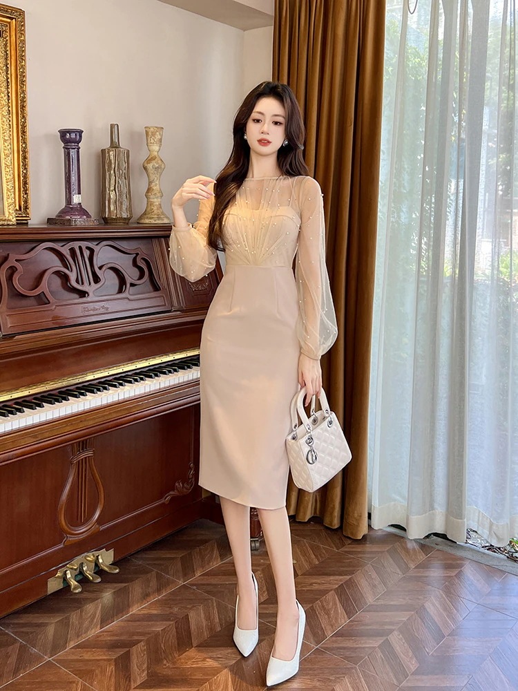 [急速出荷]二次会 ウェディング 演奏会 結婚式 卒業式 披露宴 同窓会 大人 キャバ パーティー ドレス パール飾り チュールドッキング 2025秋