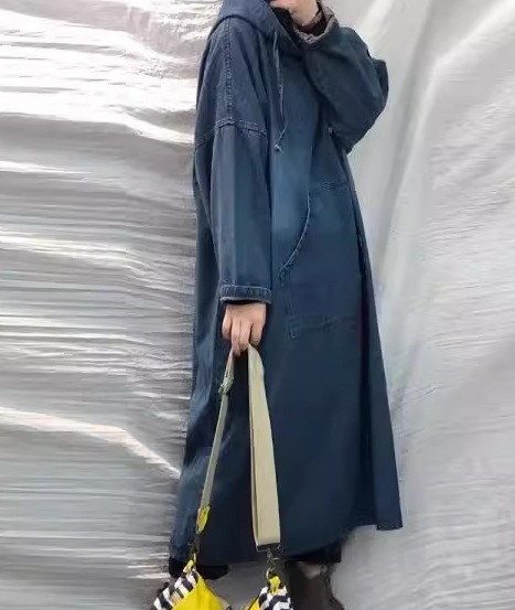 レディース ワンピース プルオーバー デニム デニムワンピース ロング 長袖 Aライン ポケット フード かわいい シンプル カジュアル おしゃれ レトロ ラフ ガーリー ルーズ ラブリー キュート