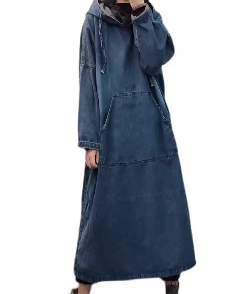 レディース ワンピース プルオーバー デニム デニムワンピース ロング 長袖 Aライン ポケット フード かわいい シンプル カジュアル おしゃれ レトロ ラフ ガーリー ルーズ ラブリー キュート