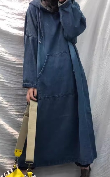 レディース ワンピース プルオーバー デニム デニムワンピース ロング 長袖 Aライン ポケット フード かわいい シンプル カジュアル おしゃれ レトロ ラフ ガーリー ルーズ ラブリー キュート