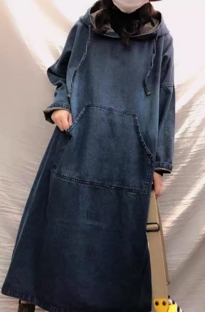 レディース ワンピース プルオーバー デニム デニムワンピース ロング 長袖 Aライン ポケット フード かわいい シンプル カジュアル おしゃれ レトロ ラフ ガーリー ルーズ ラブリー キュート
