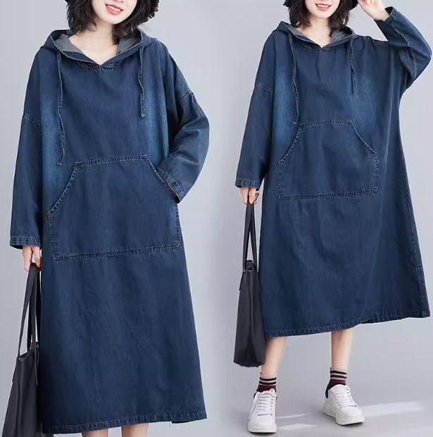 レディース ワンピース プルオーバー デニム デニムワンピース ロング 長袖 Aライン ポケット フード かわいい シンプル カジュアル おしゃれ レトロ ラフ ガーリー ルーズ ラブリー キュート