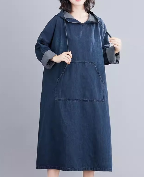 レディース ワンピース プルオーバー デニム デニムワンピース ロング 長袖 Aライン ポケット フード かわいい シンプル カジュアル おしゃれ レトロ ラフ ガーリー ルーズ ラブリー キュート